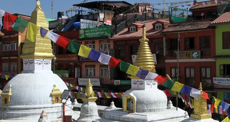 The beautiful white pagodas and colorful houses in Kathmandu